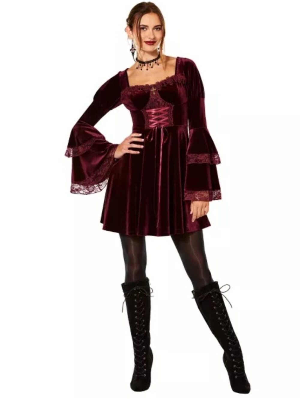 Burgundy VELVET Victorian MINI Lace Long Flare Trumpet Sleeves Gothic PRINCESS L